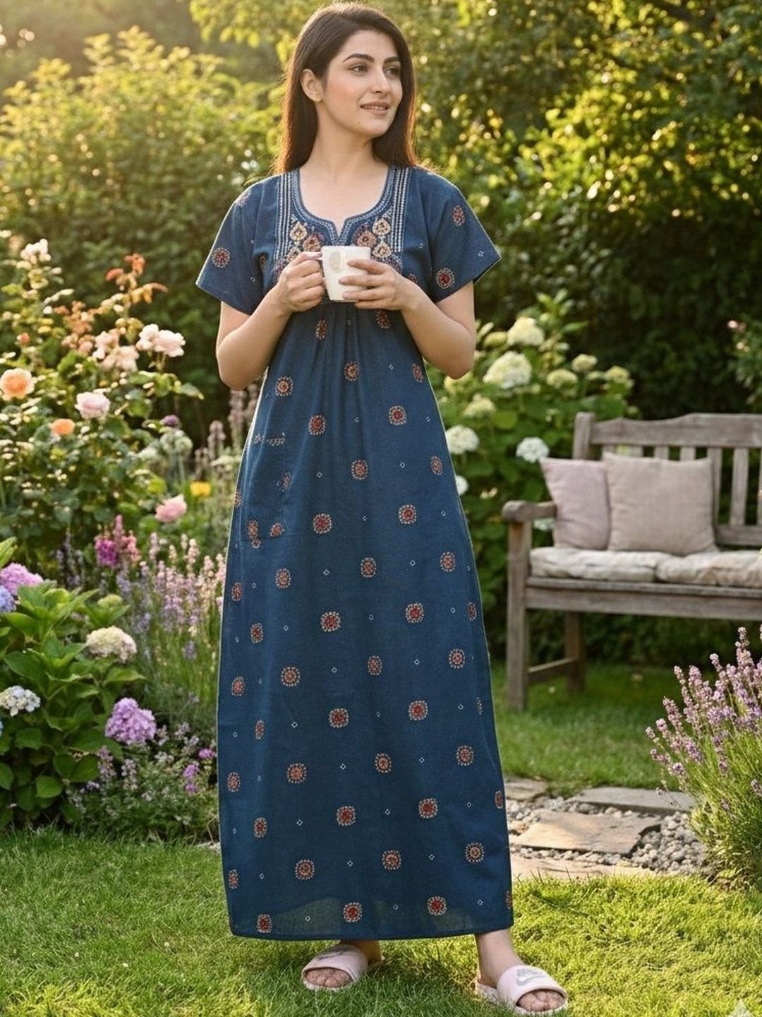 Serenita Pure Cotton Printed Nighty Nightrdess Maxi Gown - Image 2