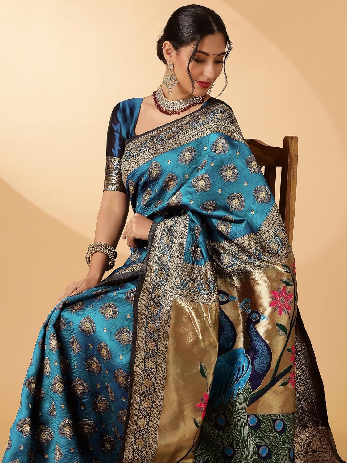 EthnicJunction Women's Paithani Silk Blend Woven Saree With Blouse Piece |Wedding Saree | Red Saree - Image 2