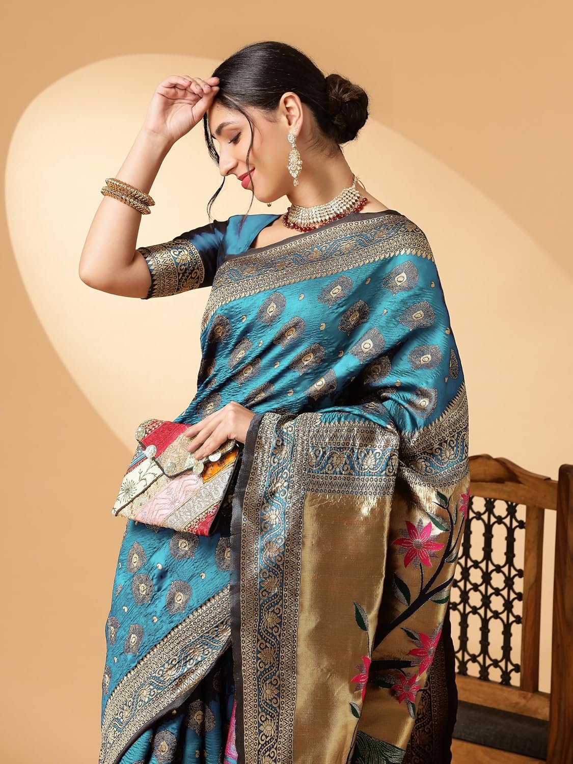EthnicJunction Women's Paithani Silk Blend Woven Saree With Blouse Piece |Wedding Saree | Red Saree - Image 3
