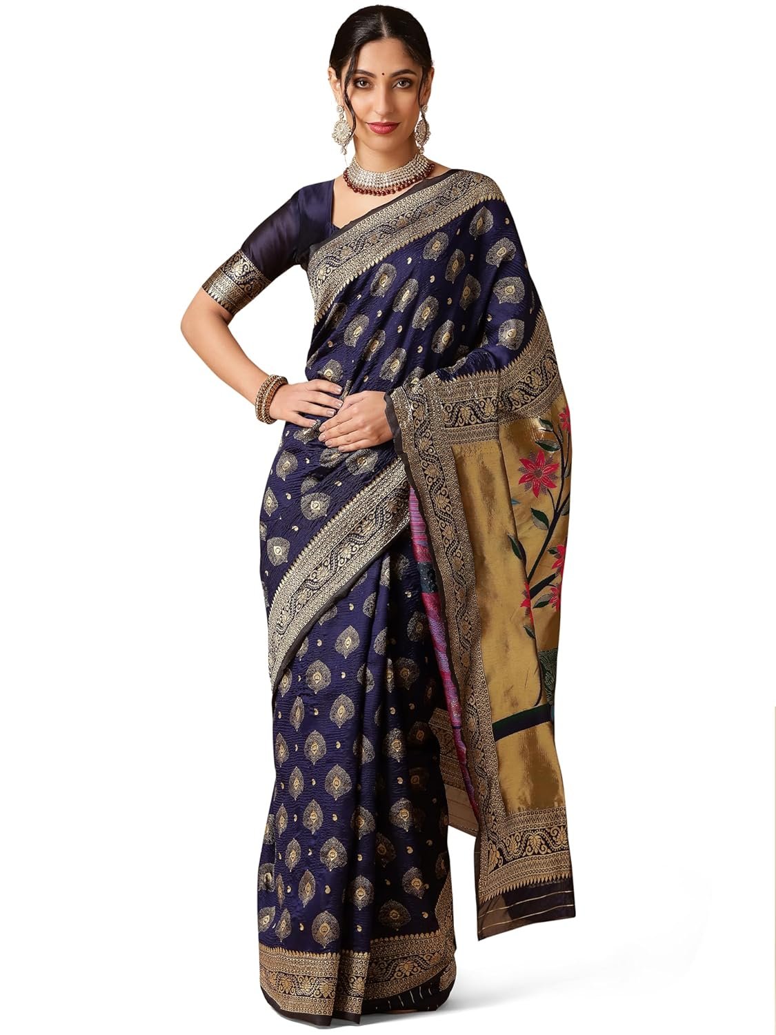 EthnicJunction Women's Paithani Silk Blend Woven Saree With Blouse Piece |Wedding Saree | Red Saree - Image 10