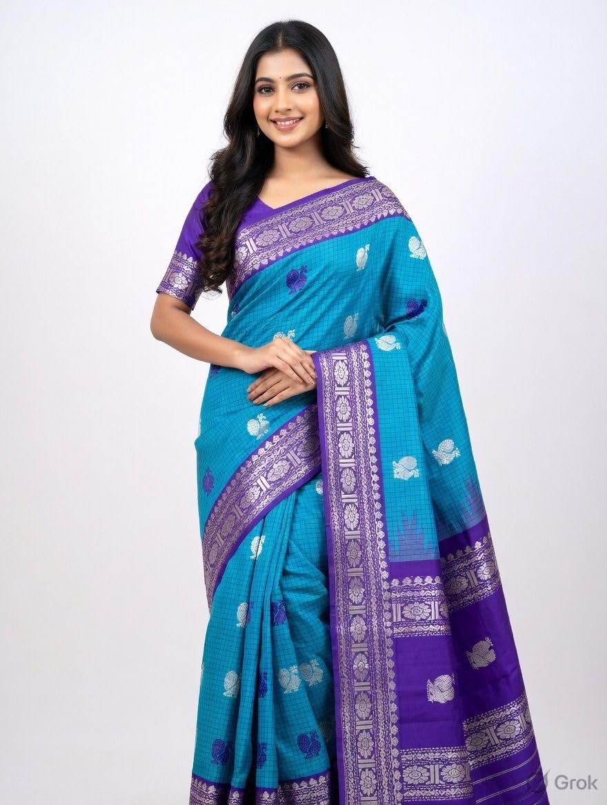 Womens Kanchipuram Style Silk Saree with Traditional Temple Border and Gold Zari Butti (Orange Royal Blue)