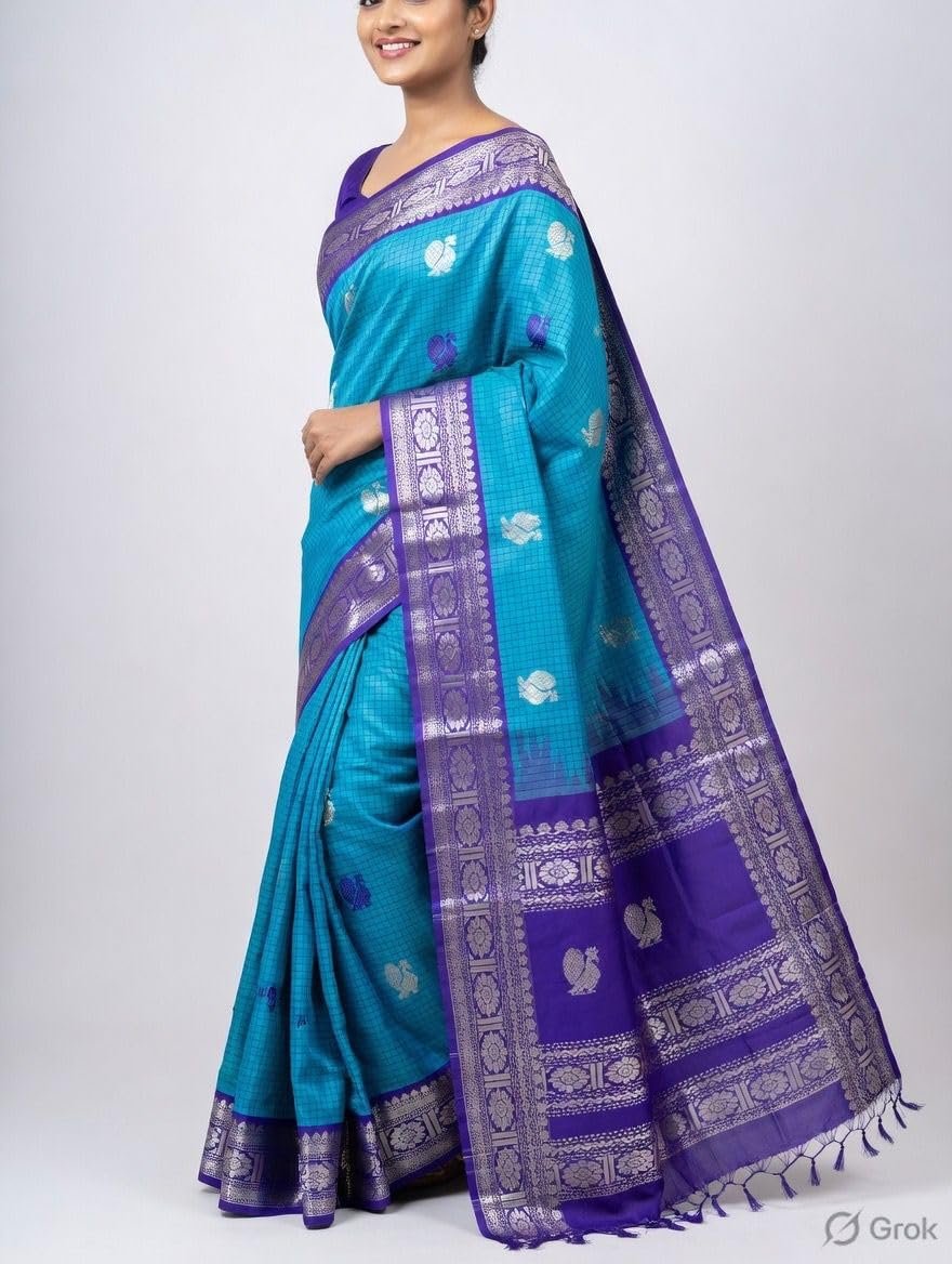 Womens Kanchipuram Style Silk Saree with Traditional Temple Border and Gold Zari Butti (Orange Royal Blue) - Image 2