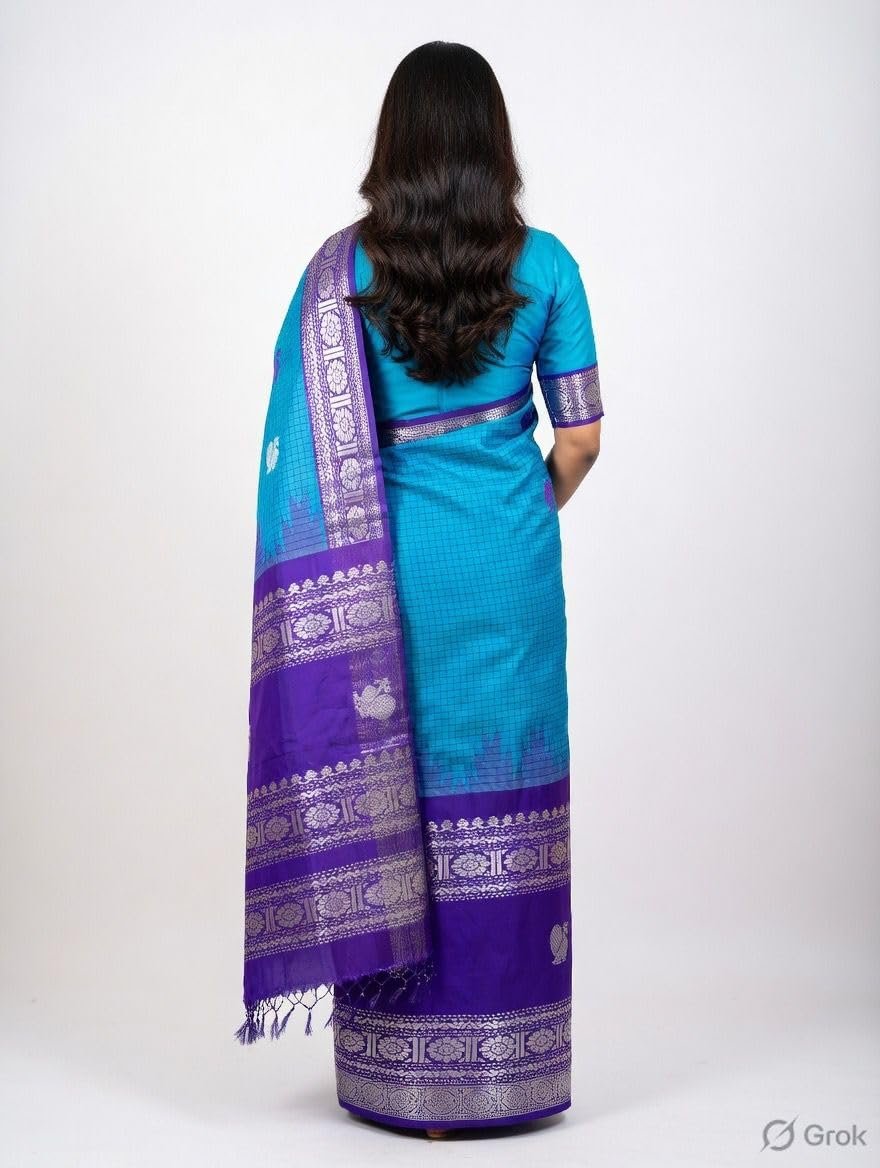 Womens Kanchipuram Style Silk Saree with Traditional Temple Border and Gold Zari Butti (Orange Royal Blue) - Image 3