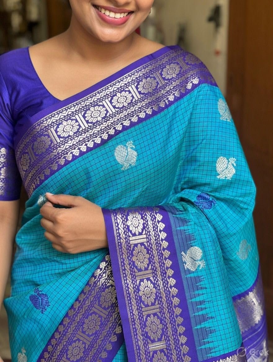 Womens Kanchipuram Style Silk Saree with Traditional Temple Border and Gold Zari Butti (Orange Royal Blue) - Image 4