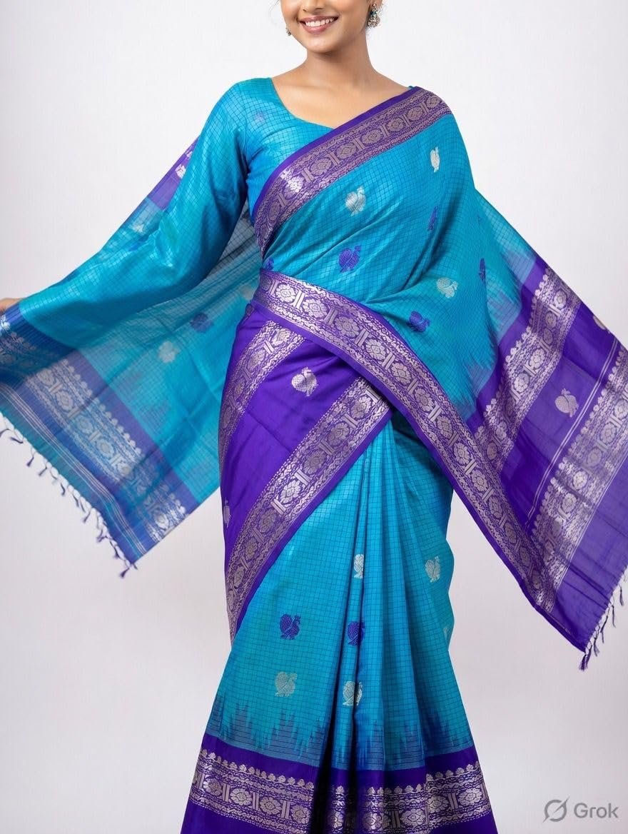Womens Kanchipuram Style Silk Saree with Traditional Temple Border and Gold Zari Butti (Orange Royal Blue) - Image 5