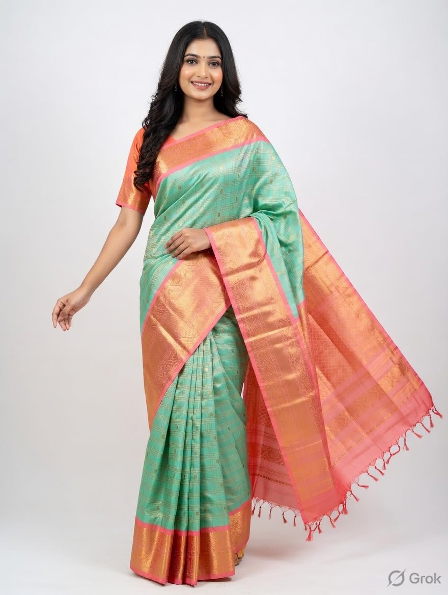 Womens Premium Kanchipuram Style Silk Saree with Woven Circular Zari Motifs Heavy Contrast Border Unstitched Blouse (Golden Yellow Pink)