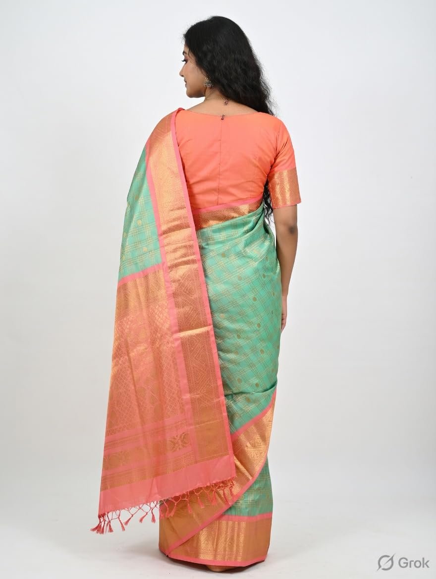 Womens Premium Kanchipuram Style Silk Saree with Woven Circular Zari Motifs Heavy Contrast Border Unstitched Blouse (Golden Yellow Pink) - Image 2