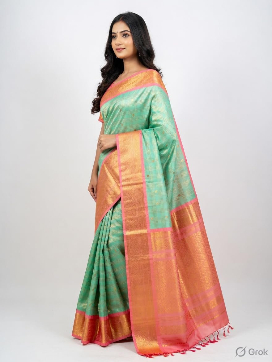 Womens Premium Kanchipuram Style Silk Saree with Woven Circular Zari Motifs Heavy Contrast Border Unstitched Blouse (Golden Yellow Pink) - Image 3