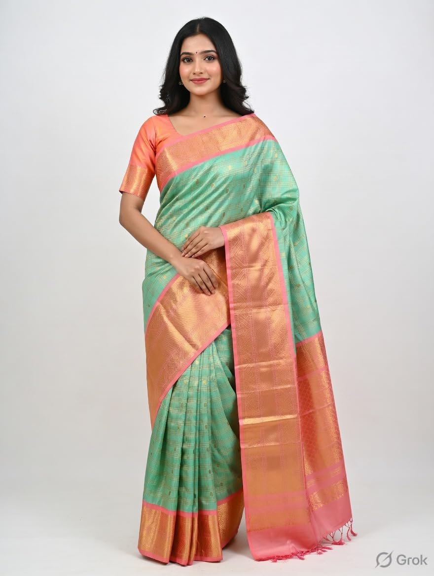 Womens Premium Kanchipuram Style Silk Saree with Woven Circular Zari Motifs Heavy Contrast Border Unstitched Blouse (Golden Yellow Pink) - Image 4