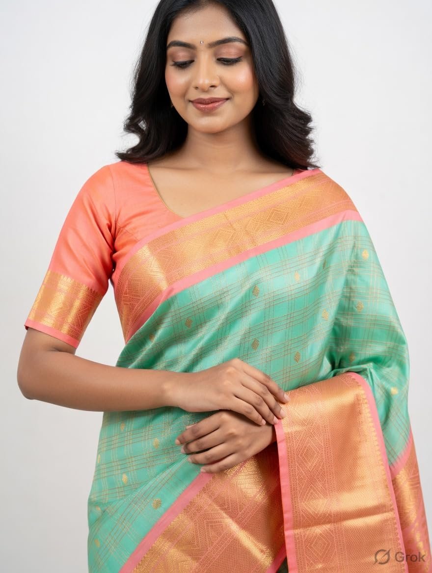 Womens Premium Kanchipuram Style Silk Saree with Woven Circular Zari Motifs Heavy Contrast Border Unstitched Blouse (Golden Yellow Pink) - Image 5
