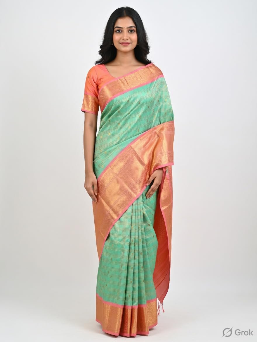 Womens Premium Kanchipuram Style Silk Saree with Woven Circular Zari Motifs Heavy Contrast Border Unstitched Blouse (Golden Yellow Pink) - Image 6