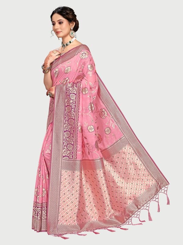 Rekha Maniyar Women’s Banarasi Silk Saree with Unstitched Blouse | Woven Zari Floral Foil Print Design | 5.5 m Saree with 0.8 m Blouse | Festive & Casual - Image 2
