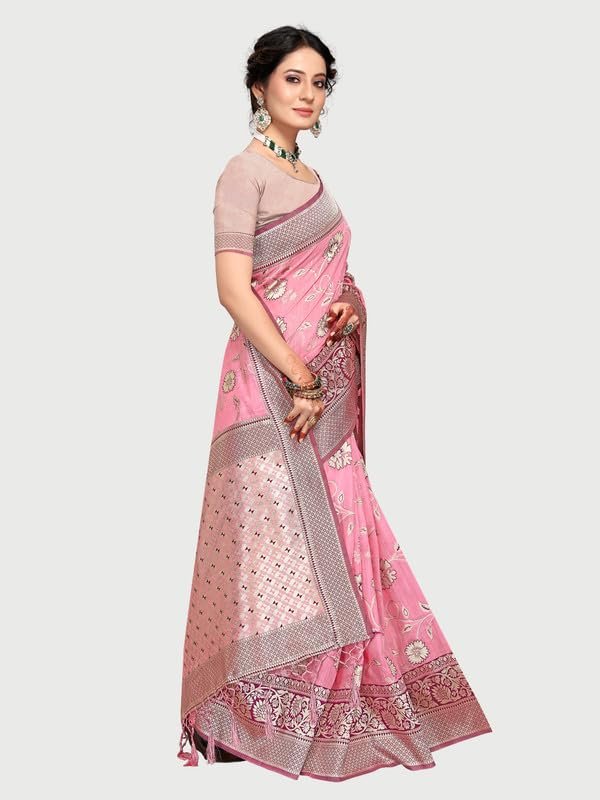 Rekha Maniyar Women’s Banarasi Silk Saree with Unstitched Blouse | Woven Zari Floral Foil Print Design | 5.5 m Saree with 0.8 m Blouse | Festive & Casual - Image 3