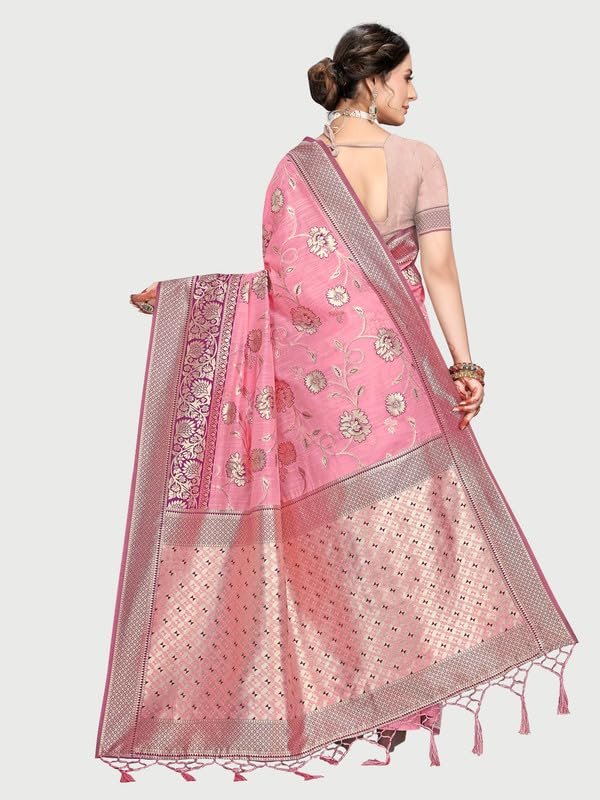Rekha Maniyar Women’s Banarasi Silk Saree with Unstitched Blouse | Woven Zari Floral Foil Print Design | 5.5 m Saree with 0.8 m Blouse | Festive & Casual - Image 4