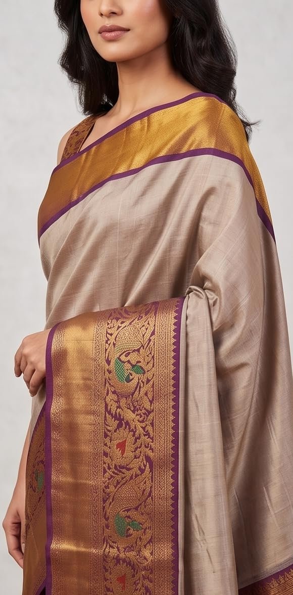 Women's Pure Gadwal Silk Pattu Saree | Grey & Copper Gold Handloom Saree with Traditional Peacock Zari Border | Authentic Kuppadam Silk Saree for Weddings - Image 2