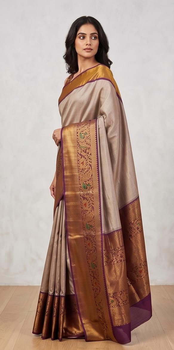 Women's Pure Gadwal Silk Pattu Saree | Grey & Copper Gold Handloom Saree with Traditional Peacock Zari Border | Authentic Kuppadam Silk Saree for Weddings - Image 3