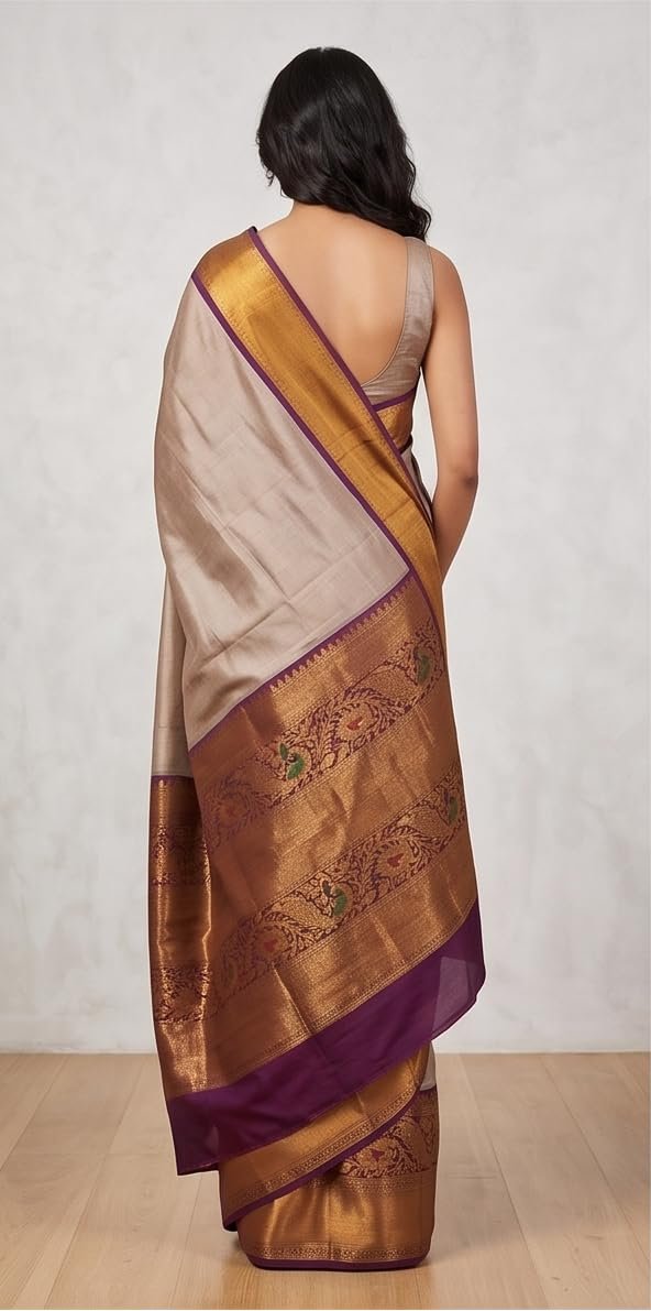Women's Pure Gadwal Silk Pattu Saree | Grey & Copper Gold Handloom Saree with Traditional Peacock Zari Border | Authentic Kuppadam Silk Saree for Weddings - Image 4