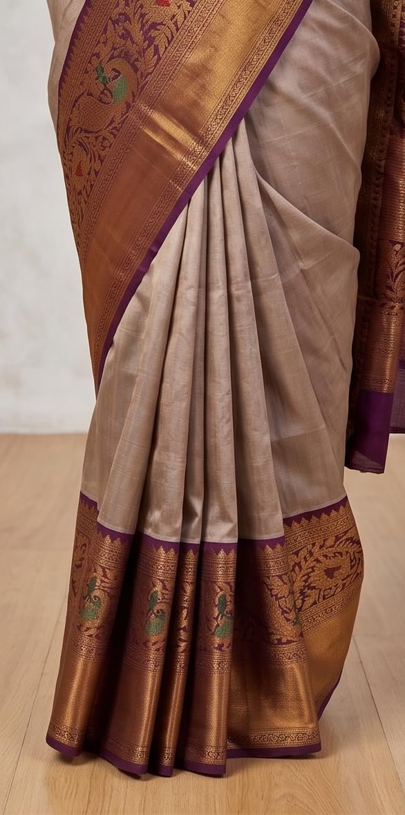 Women's Pure Gadwal Silk Pattu Saree | Grey & Copper Gold Handloom Saree with Traditional Peacock Zari Border | Authentic Kuppadam Silk Saree for Weddings - Image 5