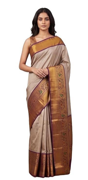 Women's Pure Gadwal Silk Pattu Saree | Grey & Copper Gold Handloom Saree with Traditional Peacock Zari Border | Authentic Kuppadam Silk Saree for Weddings - Image 7