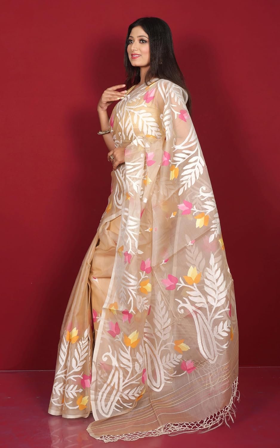 Bengal looms India Weaves of Elegance Traditional Jangla Jaal Work Muslin Silk Dhakai Jamdani Saree - Ethnic Wear for Wedding, Office, Party, Pooja & Festivals - Image 2