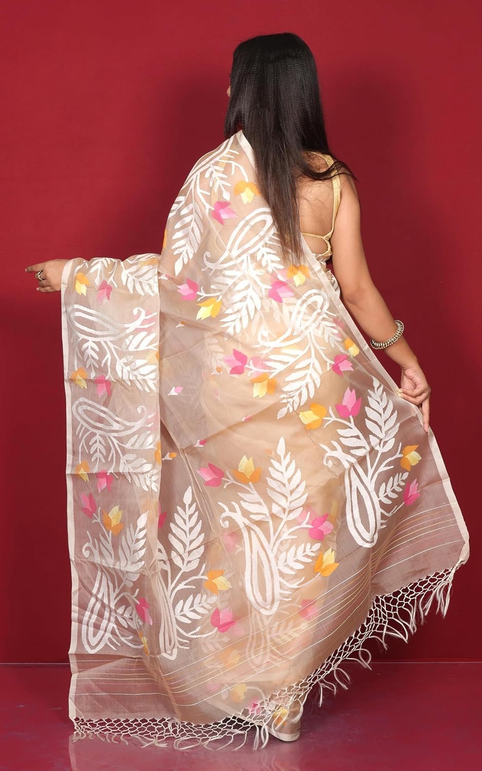 Bengal looms India Weaves of Elegance Traditional Jangla Jaal Work Muslin Silk Dhakai Jamdani Saree - Ethnic Wear for Wedding, Office, Party, Pooja & Festivals - Image 3