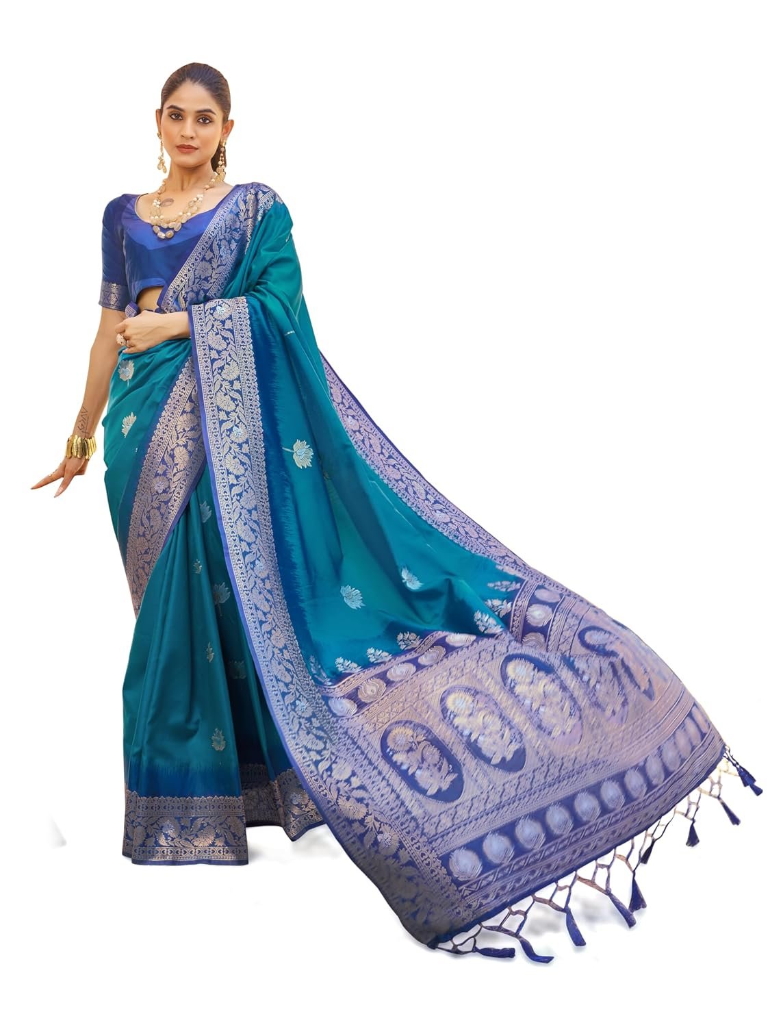 SWORNOF Women's Kanjivaram Soft Silk Banarasi Sarees With Unstiched Blouse Piece