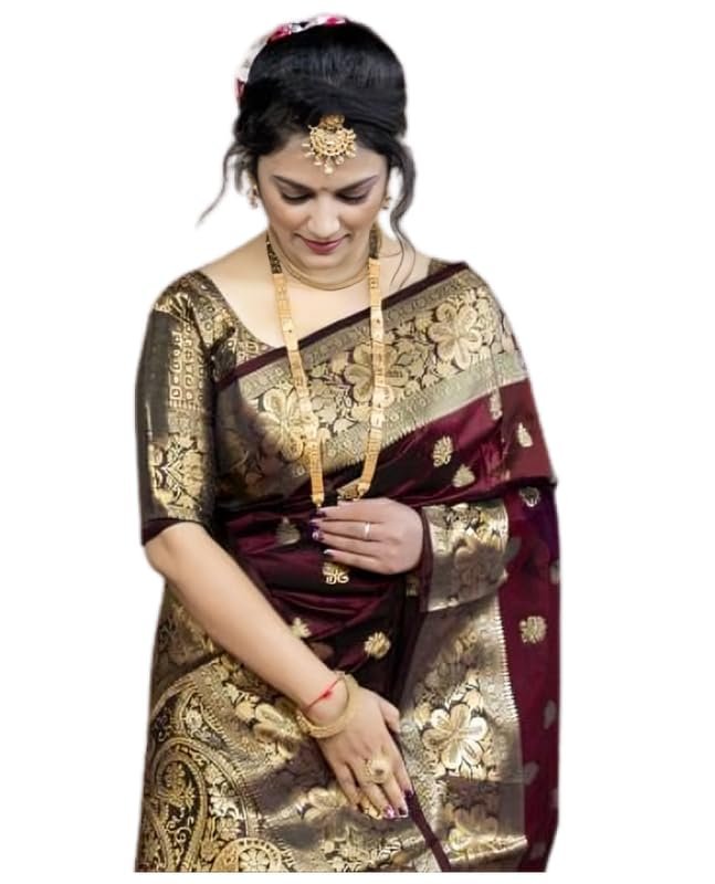 C J Enterprise Women's Pure Soft Silk Saree With Blouse Piece For Wedding - Image 2