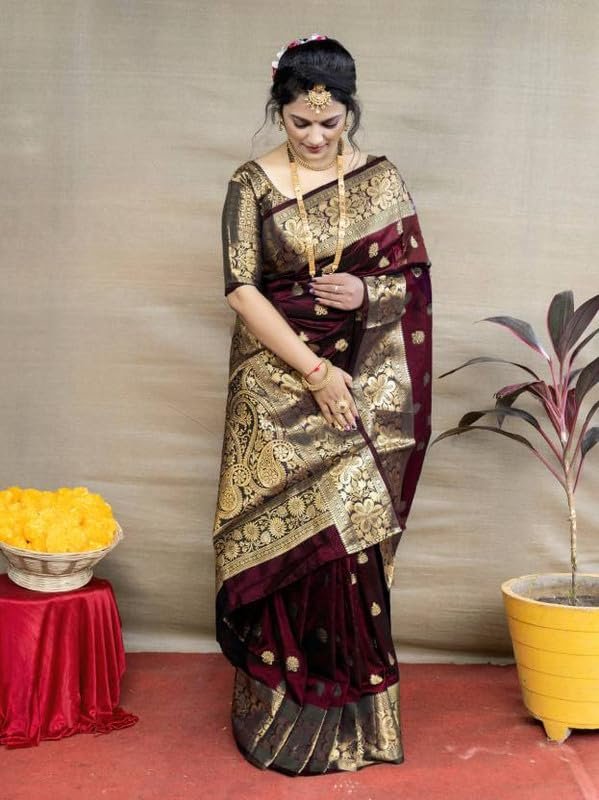 C J Enterprise Women's Pure Soft Silk Saree With Blouse Piece For Wedding - Image 5