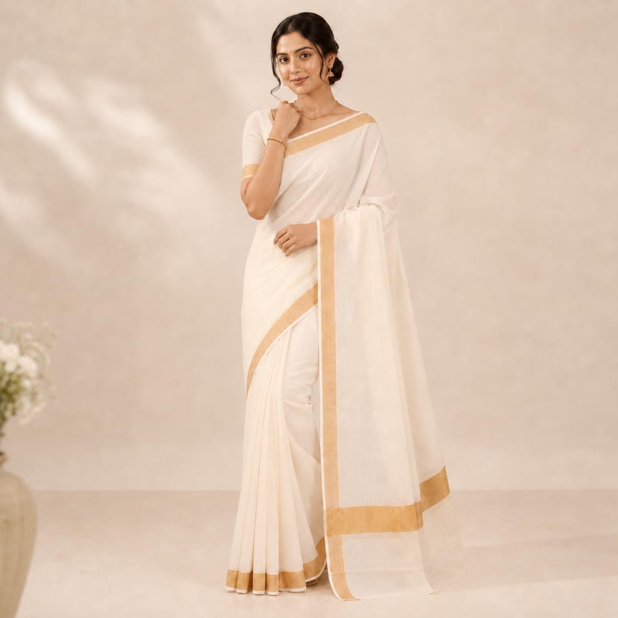 Women’s Kerala Off white cotton saree with running blouse| Onam Saree | Vishu Saree | Traditional White Saree - Image 4