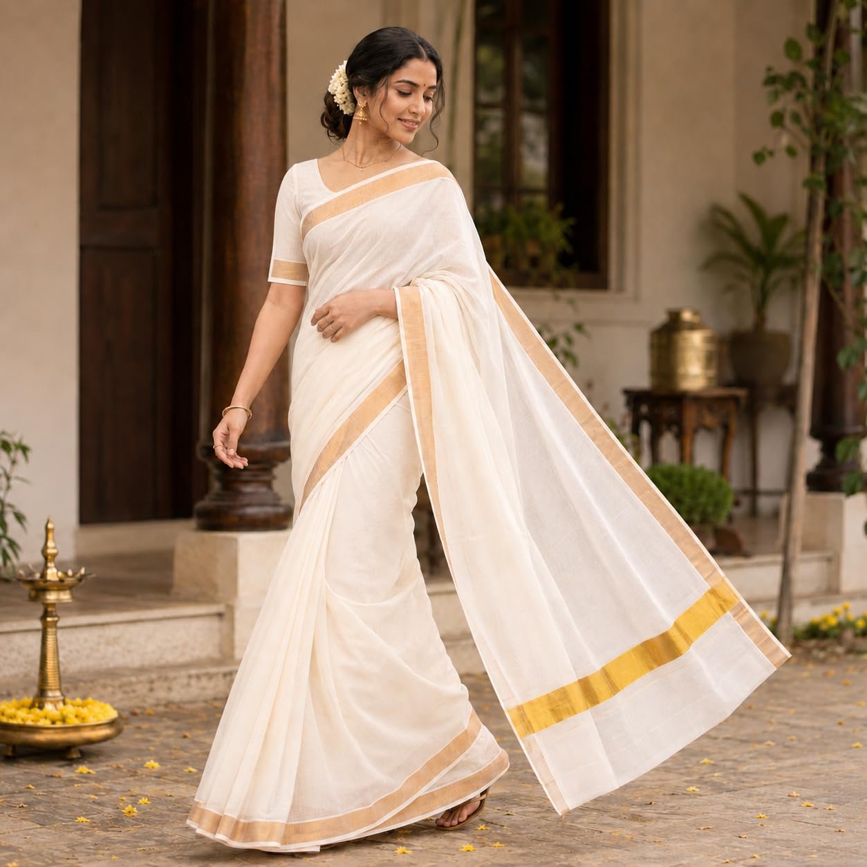 Women’s Kerala Off white cotton saree with running blouse| Onam Saree | Vishu Saree | Traditional White Saree - Image 6
