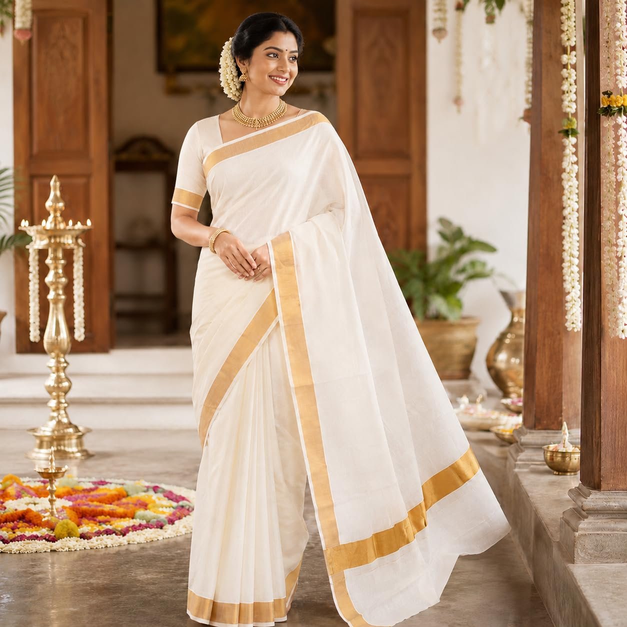 Women’s Kerala Off white cotton saree with running blouse| Onam Saree | Vishu Saree | Traditional White Saree - Image 7
