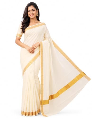 Women’s Kerala Off white cotton saree with running blouse| Onam Saree | Vishu Saree | Traditional White Saree - Image 8