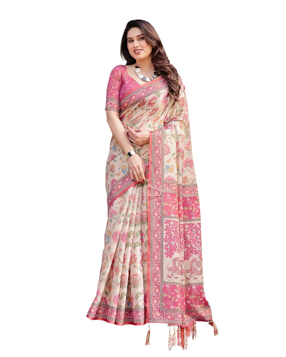 ALMAARI FASHION Cotton Saree for Women with Floral Printed Design and Traditional Zari Border, Soft Lightweight Ethnic Saree for Wedding Festive Party Office Wear with Blouse Piece