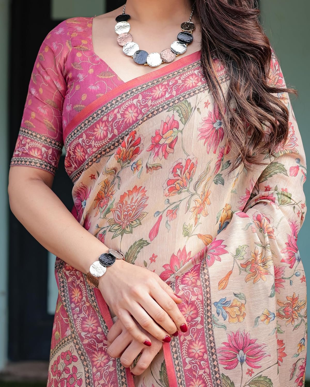 ALMAARI FASHION Cotton Saree for Women with Floral Printed Design and Traditional Zari Border, Soft Lightweight Ethnic Saree for Wedding Festive Party Office Wear with Blouse Piece - Image 2