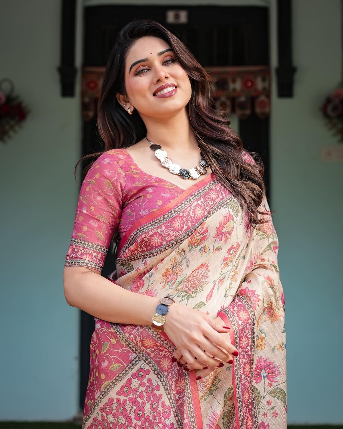 ALMAARI FASHION Cotton Saree for Women with Floral Printed Design and Traditional Zari Border, Soft Lightweight Ethnic Saree for Wedding Festive Party Office Wear with Blouse Piece - Image 3