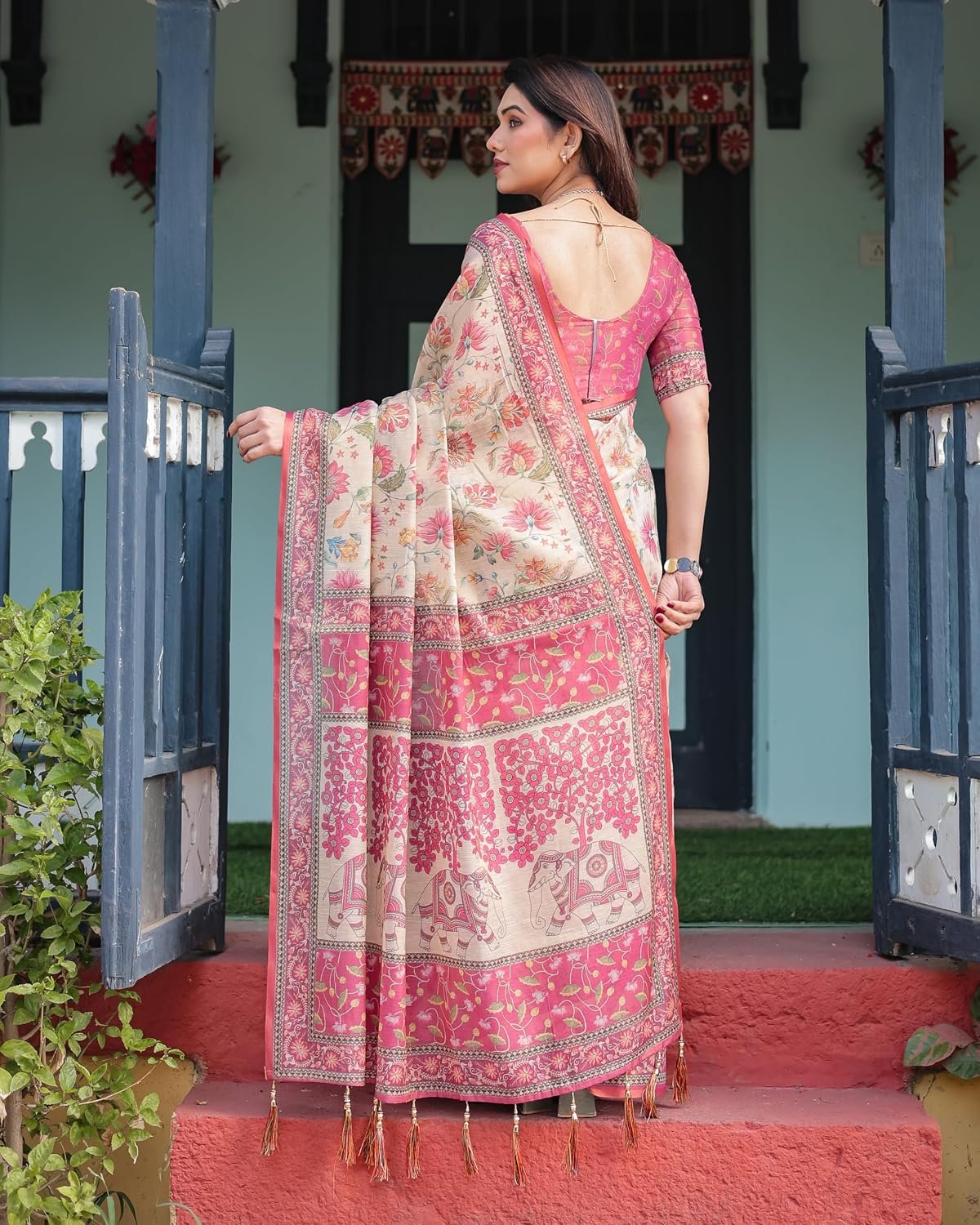 ALMAARI FASHION Cotton Saree for Women with Floral Printed Design and Traditional Zari Border, Soft Lightweight Ethnic Saree for Wedding Festive Party Office Wear with Blouse Piece - Image 4