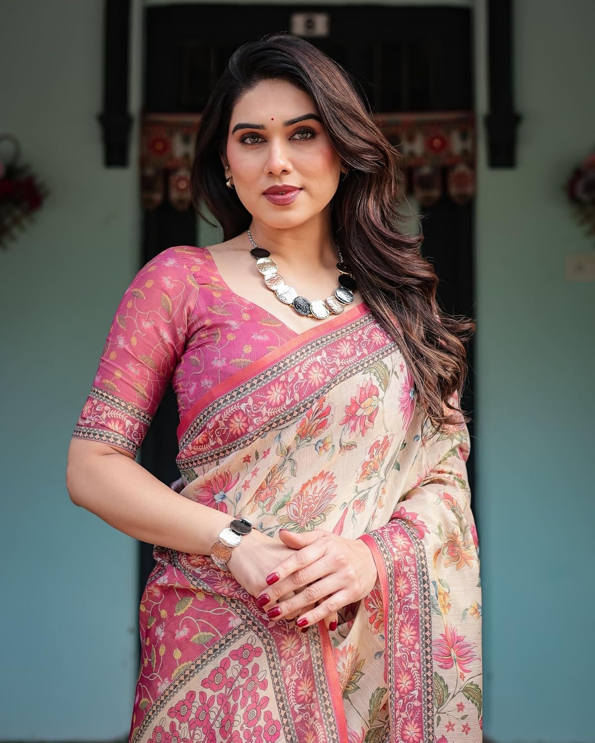 ALMAARI FASHION Cotton Saree for Women with Floral Printed Design and Traditional Zari Border, Soft Lightweight Ethnic Saree for Wedding Festive Party Office Wear with Blouse Piece - Image 5