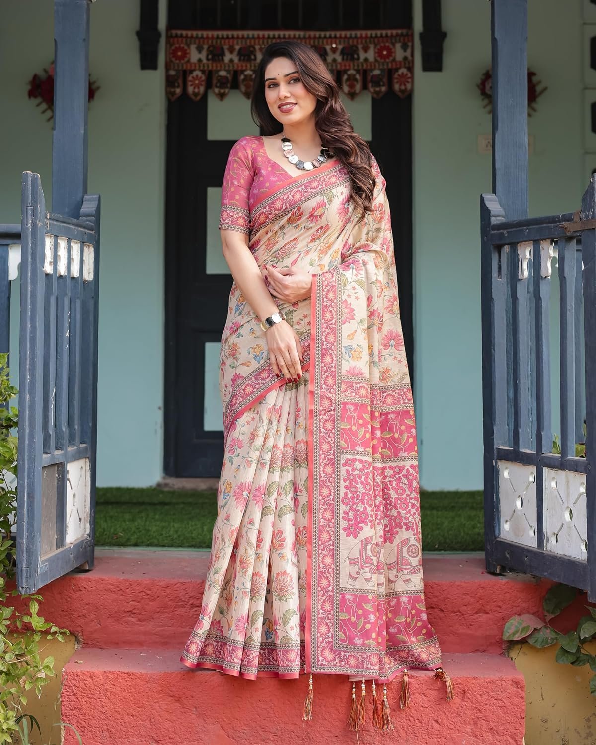 ALMAARI FASHION Cotton Saree for Women with Floral Printed Design and Traditional Zari Border, Soft Lightweight Ethnic Saree for Wedding Festive Party Office Wear with Blouse Piece - Image 6