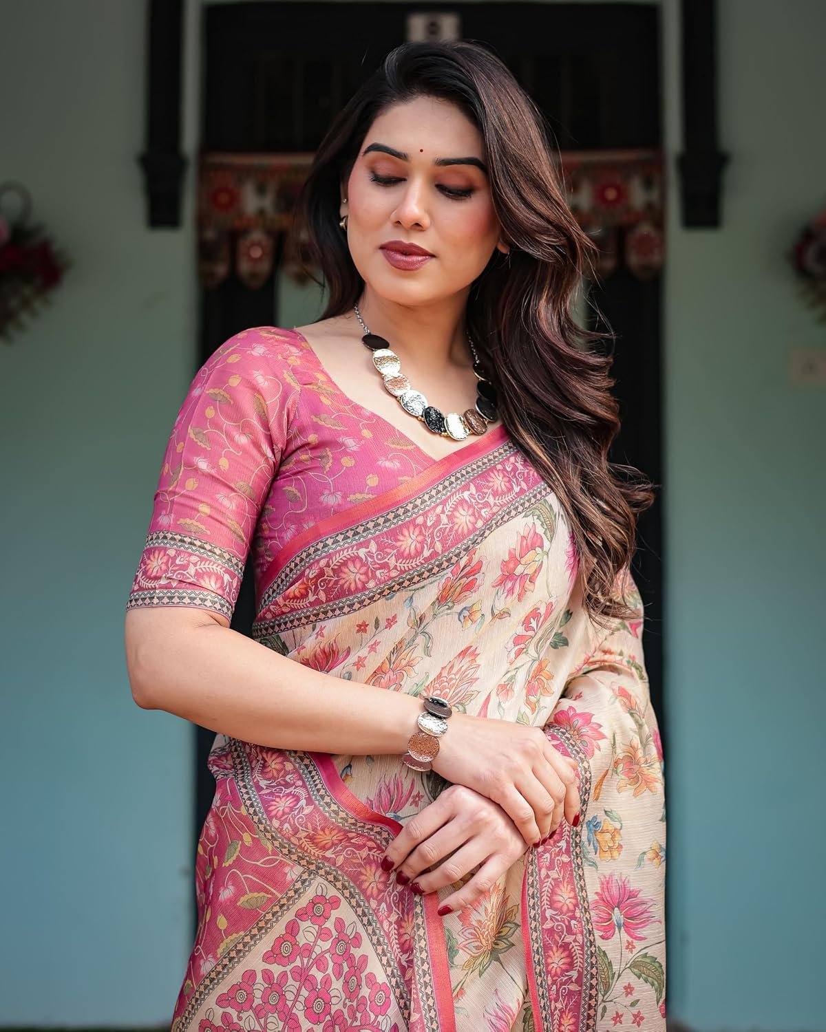 ALMAARI FASHION Cotton Saree for Women with Floral Printed Design and Traditional Zari Border, Soft Lightweight Ethnic Saree for Wedding Festive Party Office Wear with Blouse Piece - Image 7