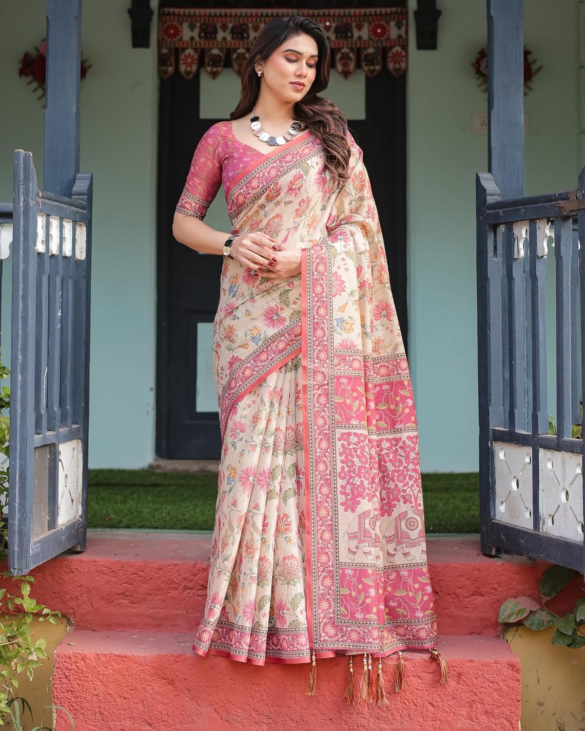 ALMAARI FASHION Cotton Saree for Women with Floral Printed Design and Traditional Zari Border, Soft Lightweight Ethnic Saree for Wedding Festive Party Office Wear with Blouse Piece - Image 8