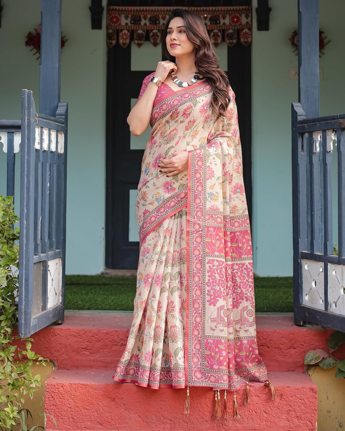 ALMAARI FASHION Cotton Saree for Women with Floral Printed Design and Traditional Zari Border, Soft Lightweight Ethnic Saree for Wedding Festive Party Office Wear with Blouse Piece - Image 9