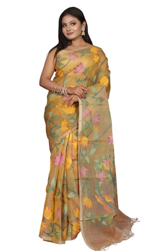 Bengal looms India Weaves of Elegance Premium Jangla Jaal Lotus Motif Muslin Silk Dhakai Jamdani Saree with Blouse for Women | Thread Work Traditional Ethnic Saree