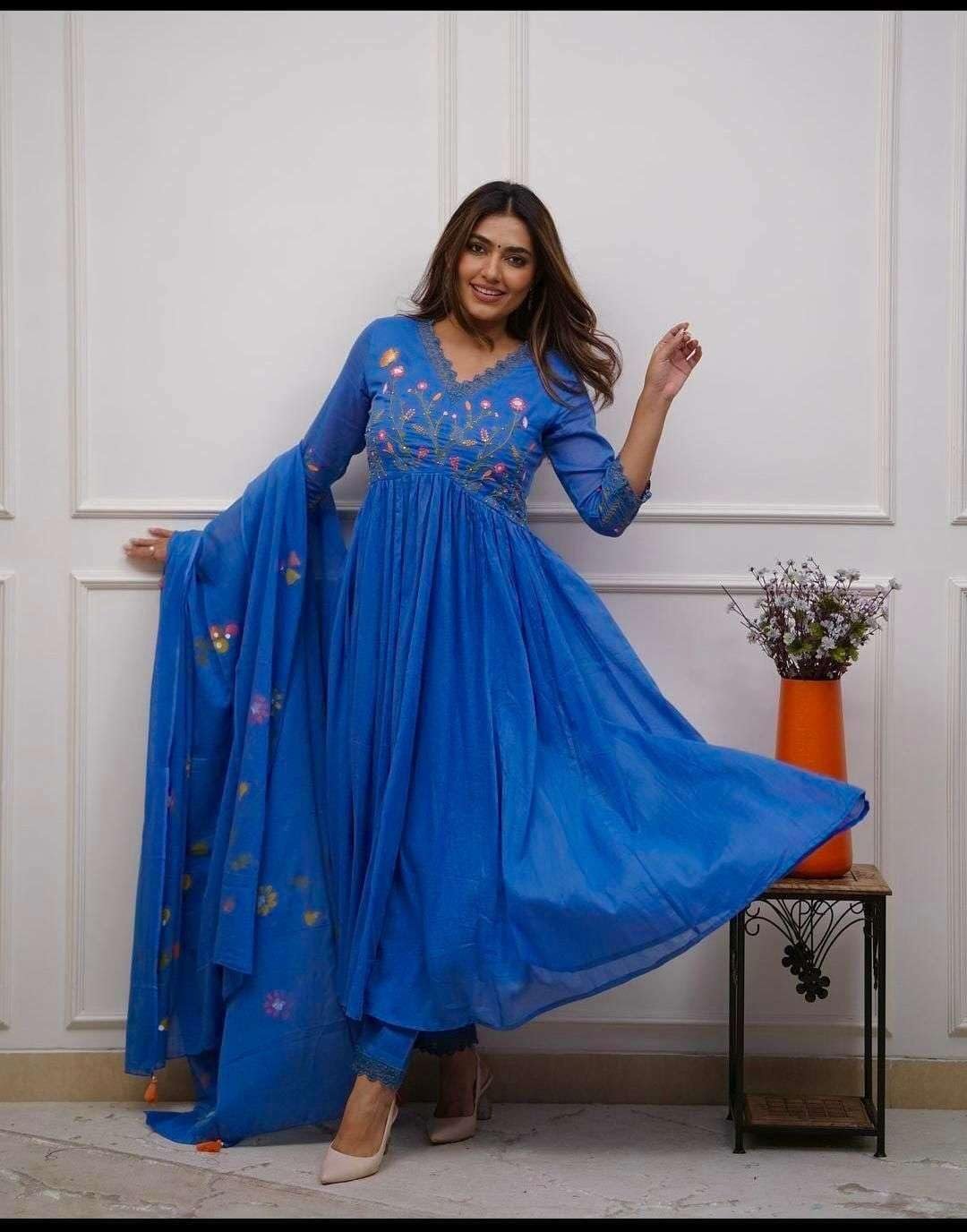 Women's Cotton Embroidered Long Anarkali Kurti with Pant and Dupatta Set - Image 3
