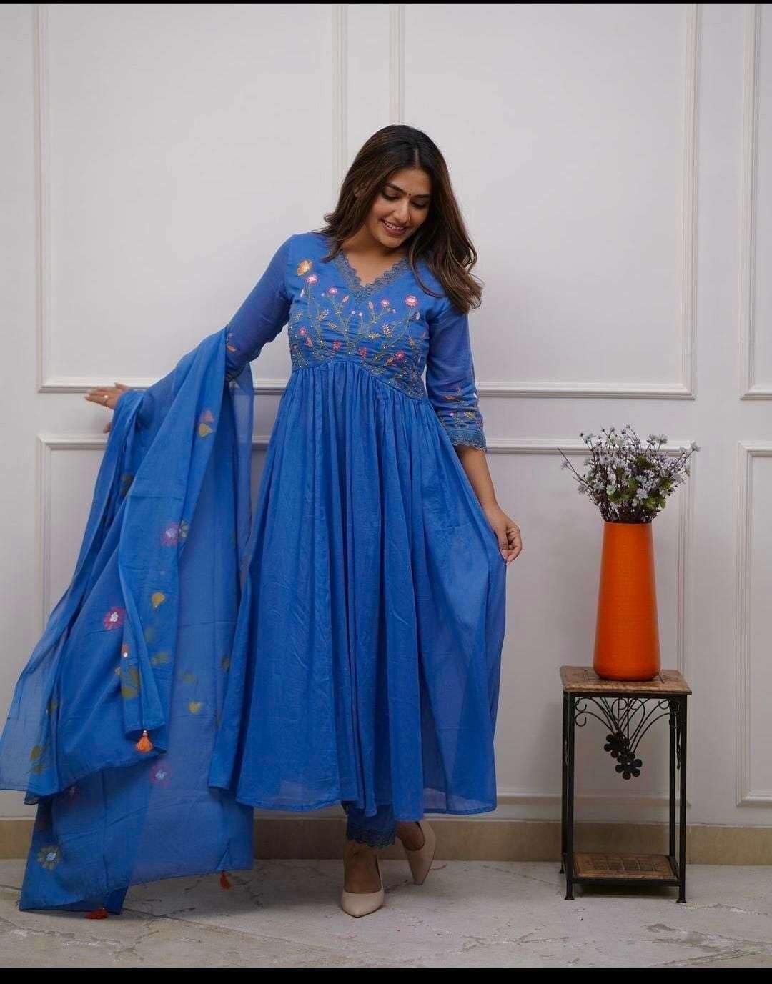 Women's Cotton Embroidered Long Anarkali Kurti with Pant and Dupatta Set - Image 4