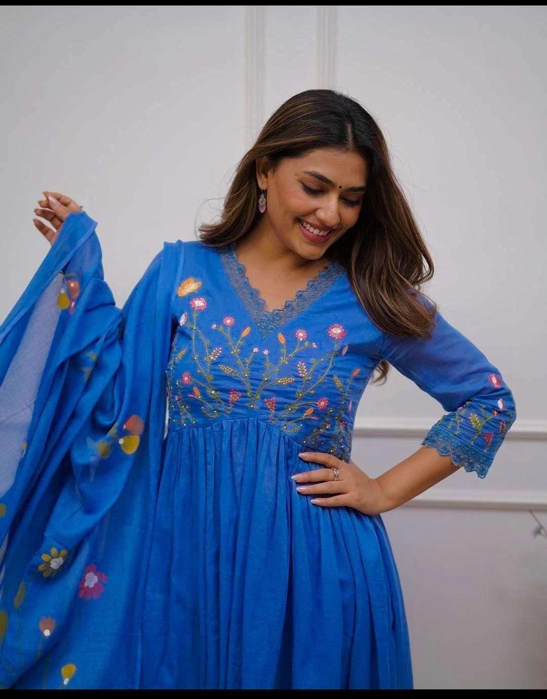 Women's Cotton Embroidered Long Anarkali Kurti with Pant and Dupatta Set - Image 5