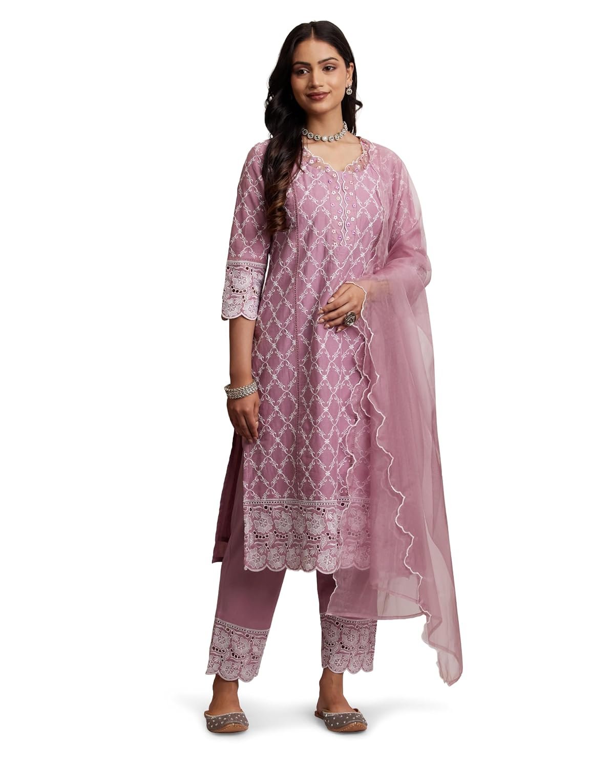 Amazon Brand - Myx Women Embroidered Cotton Kurta Pant Set with Organza Dupatta (Available in Plus Sizes)