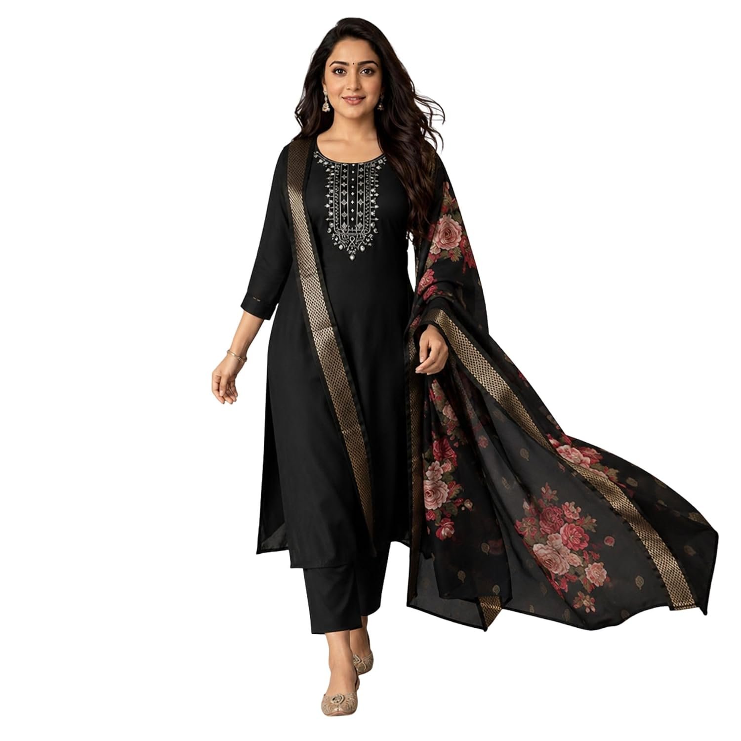 Kaththai Women Embroidered Kurta and Pant Set with Dupatta | Ethnic Suit Set for Women | Floral Printed Organza Dupatta | Festive, & Traditional Kurta Set