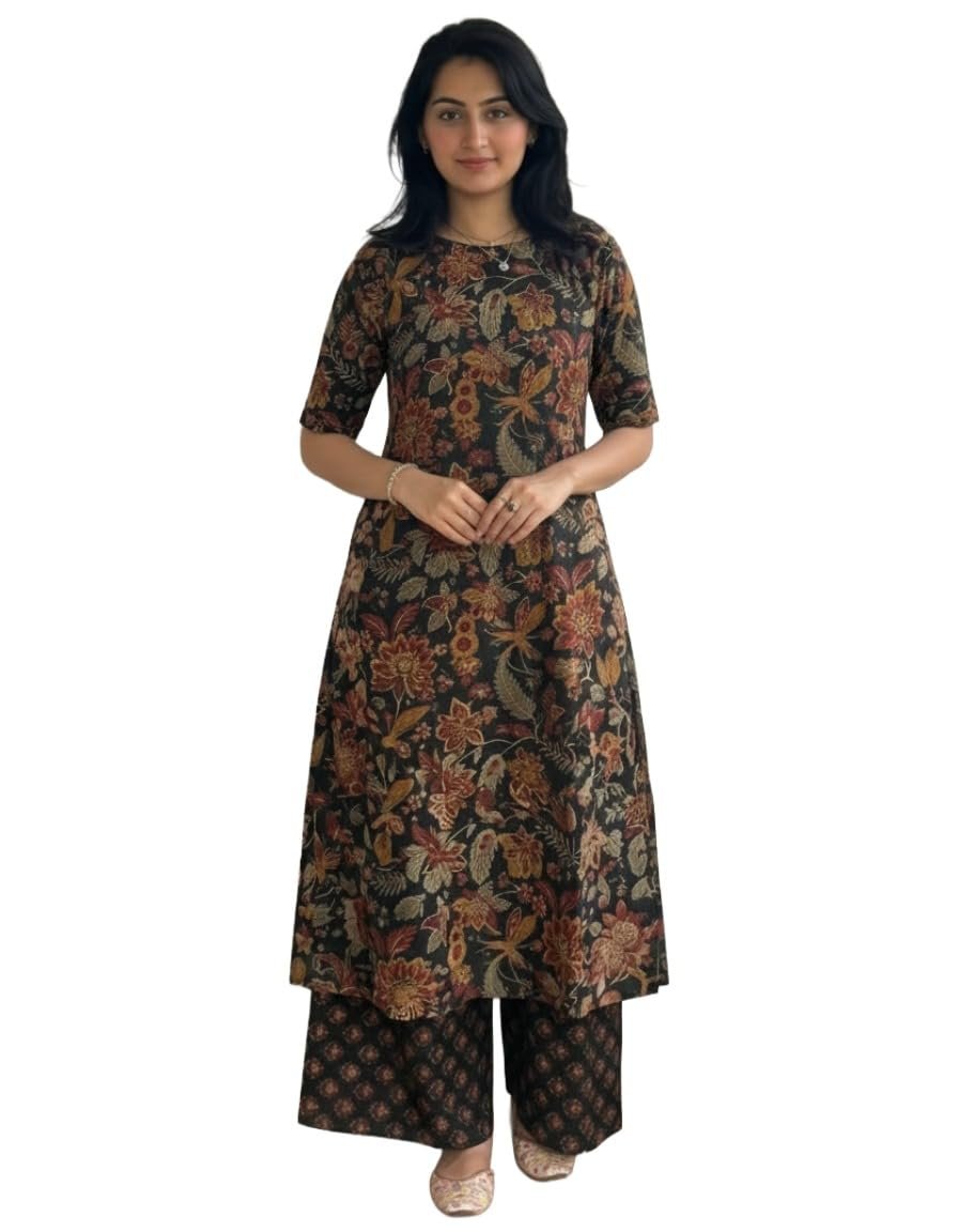 ANNI Designer Women's Viscose Blend Straight Printed Kurta with Palazzo | Elbow Length Sleeve Kurti Set | Close Neck with Back Slit | Soft Comfortable Fabric | 2 Piece Outfit