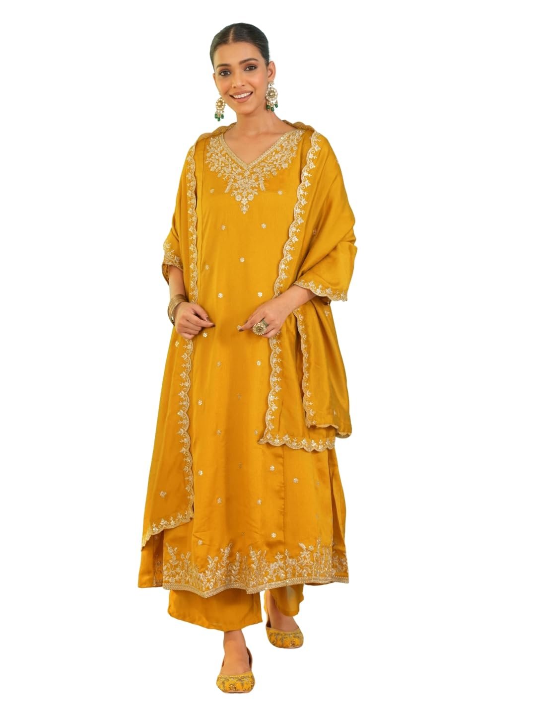 Naixa Women's Vichitra Silk Embroidered A-Line Kurta with Pant and Dupatta Sets (NX-845)