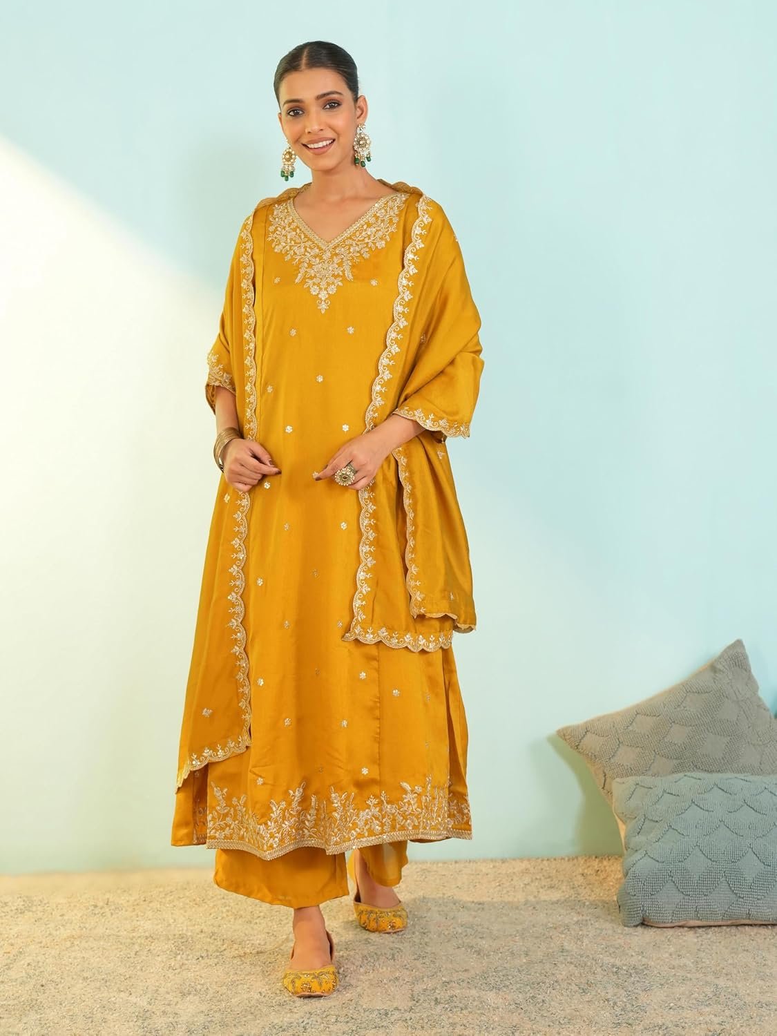 Naixa Women's Vichitra Silk Embroidered A-Line Kurta with Pant and Dupatta Sets (NX-845) - Image 2